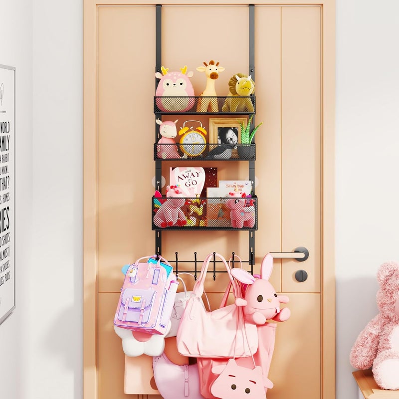 Consumest Over The Door Hooks Organizer - 4 Tier Door Coat Rack with 3 Baskets and 12 Hooks, Stainless Steel Towel Hanger for Bedroom, Bathroom, Living Room, Black - Image 1
